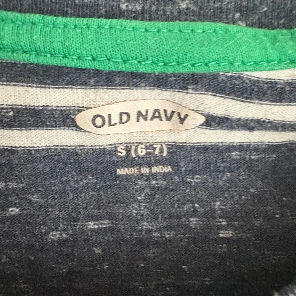 Old Navy Boys Small 6-7 Striped Long Sleeve Tee Navy Blue Green White Slub Knit
